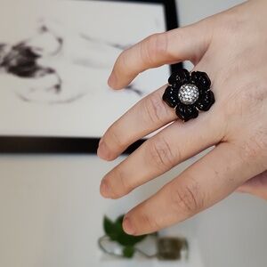 Swarovski Black Flower Ring with Crystal Center